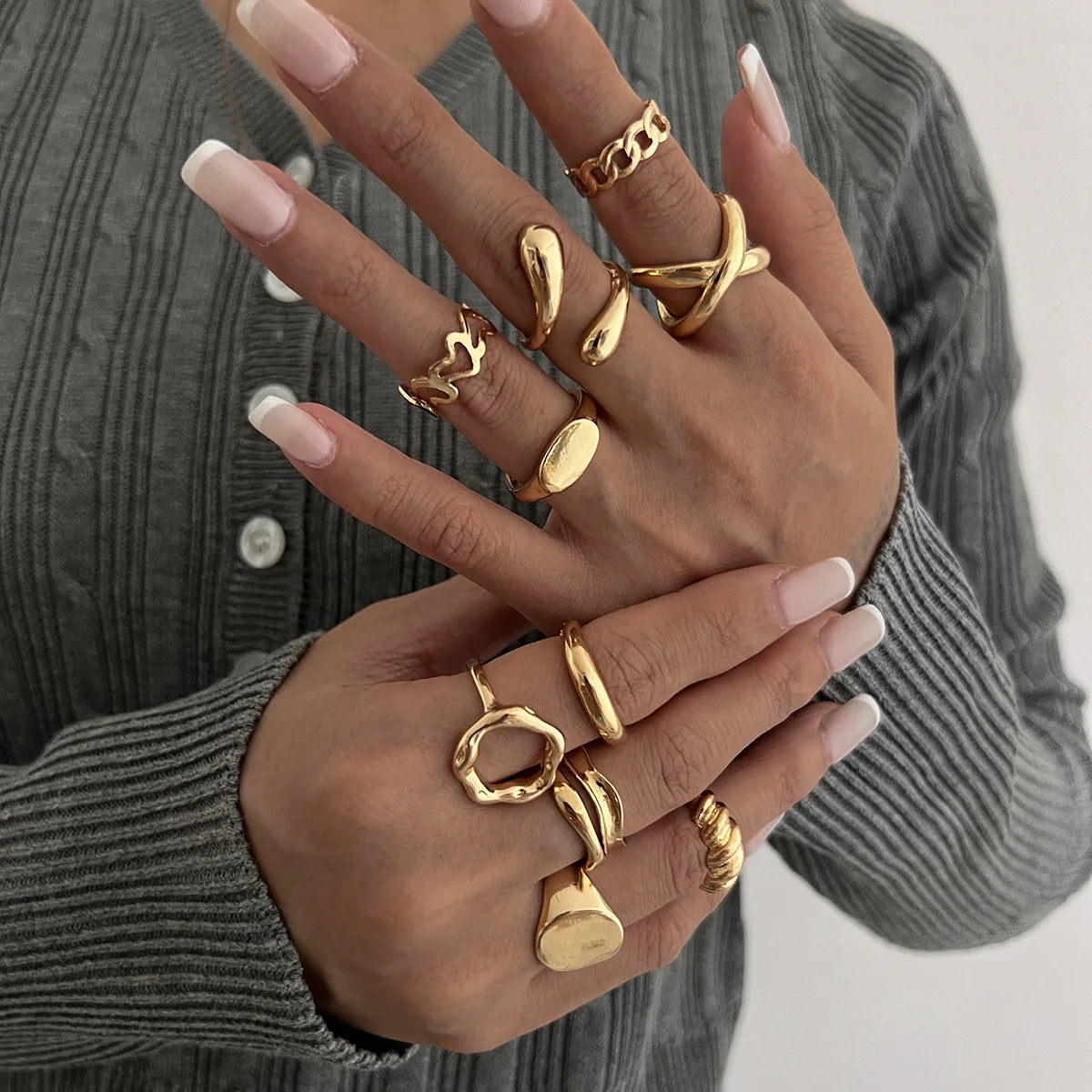 10Pcs/Set Trendy Gold Silver Color Geometric Cuff Rings Set for Women Girl Metallic Stainless Steel Minimalism Fashion Chic Ring