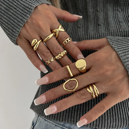 10Pcs/Set Trendy Gold Silver Color Geometric Cuff Rings Set for Women Girl Metallic Stainless Steel Minimalism Fashion Chic Ring