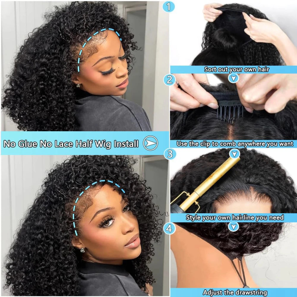 Half Wig Kinky Curly 200% Density Remy Hair Curly Wigs 100% Human Hair No Leave Out Upgrade Glueless Clip In Half Wigs For Women